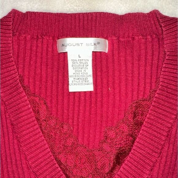 August Silk Women Sweater Size L Red V-Neck Lace Trim ¾ Sleeves Pullover - Picture 2 of 6